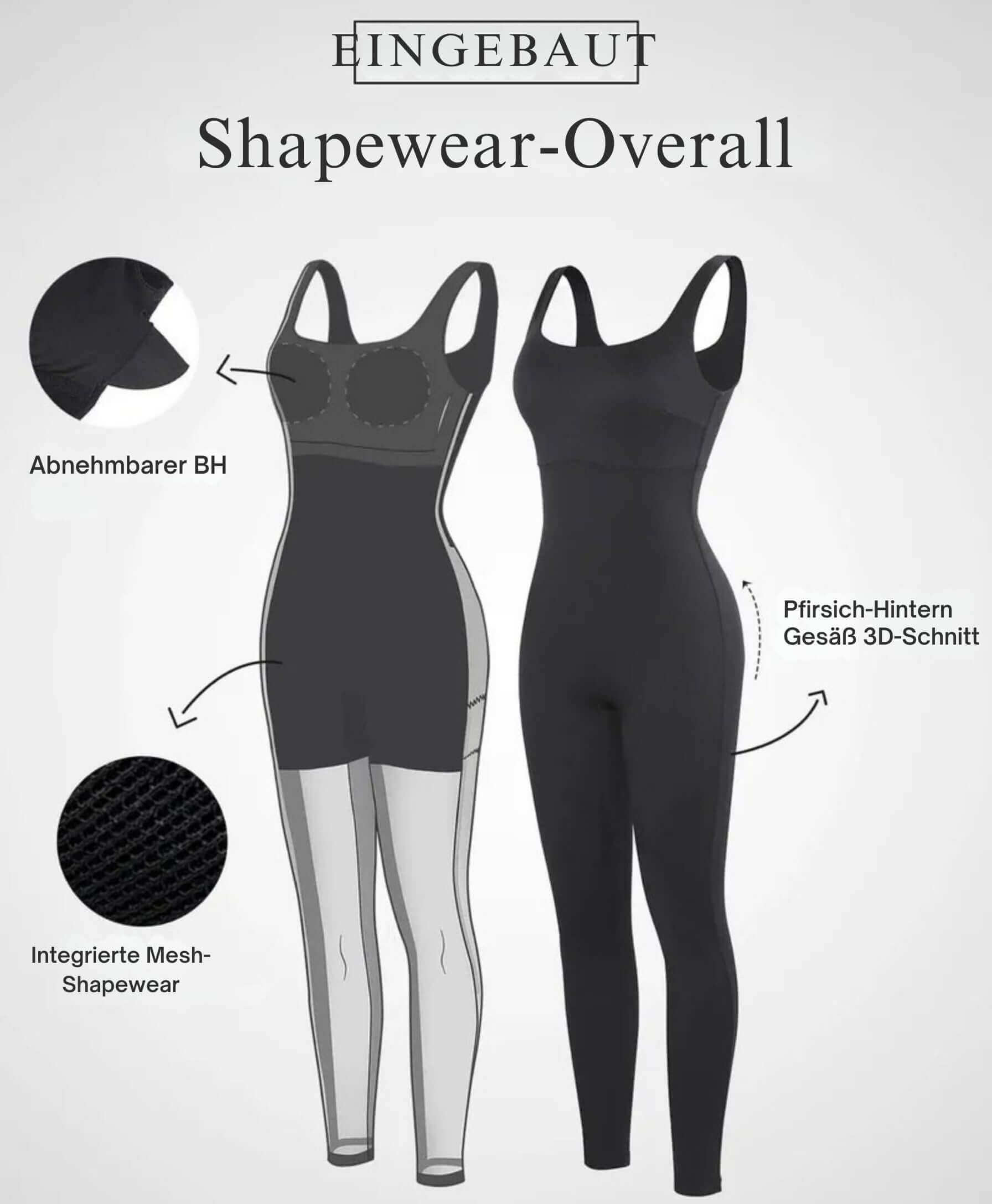 Illustration of Tothecurve shapewear overall with sleeves, featuring removable bra and integrated mesh design for comfort.
