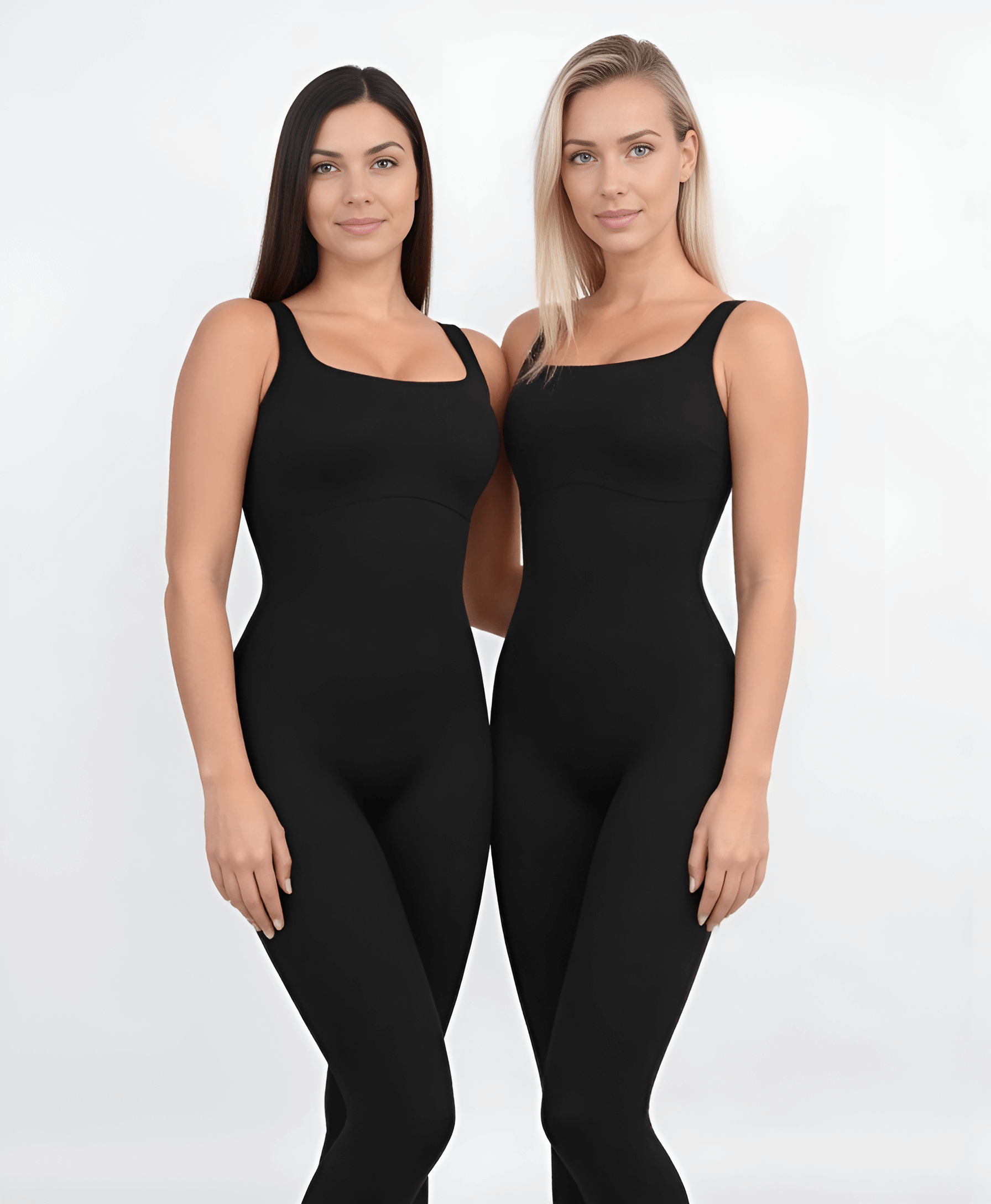 Two women wearing black Tothecurve Shapewear Overall, showcasing a sleek and flattering fit.