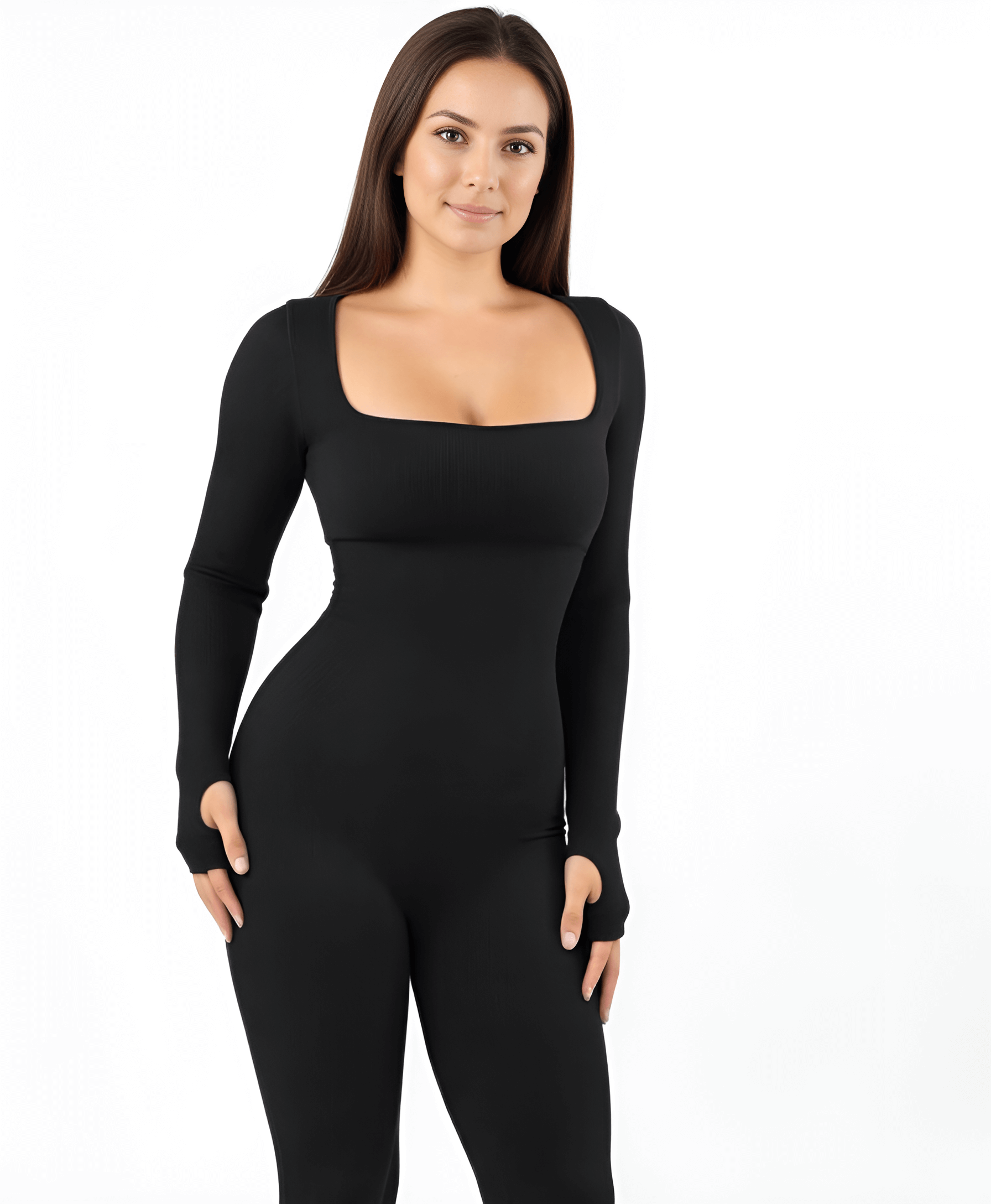 Schwarzes Shapewear Overall mit Ärmeln von Tothecurve Shapewears, perfekt für einen eleganten Look.