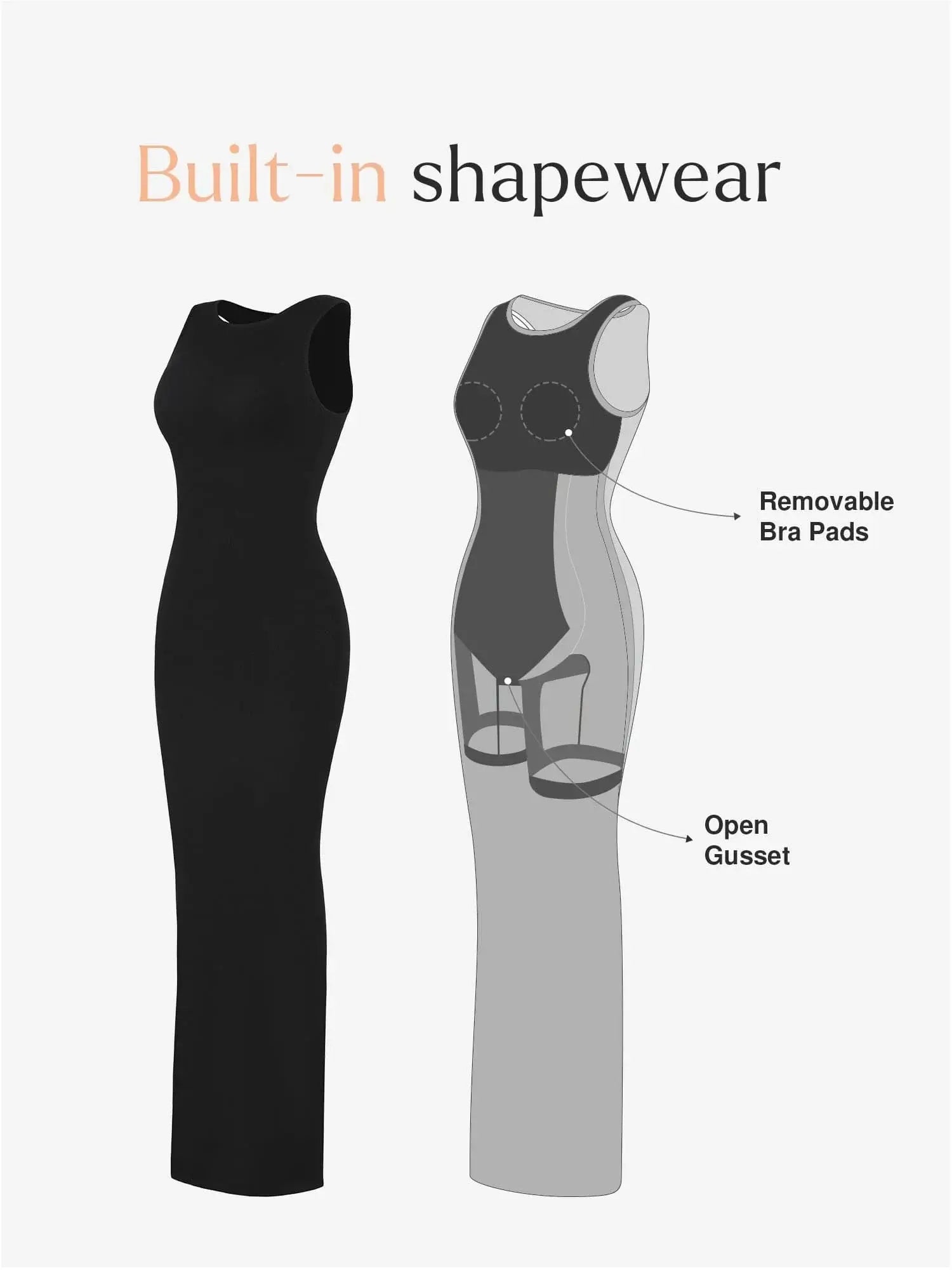 Illustration of a black maxikleid with built-in shapewear features like removable bra pads and open gusset.