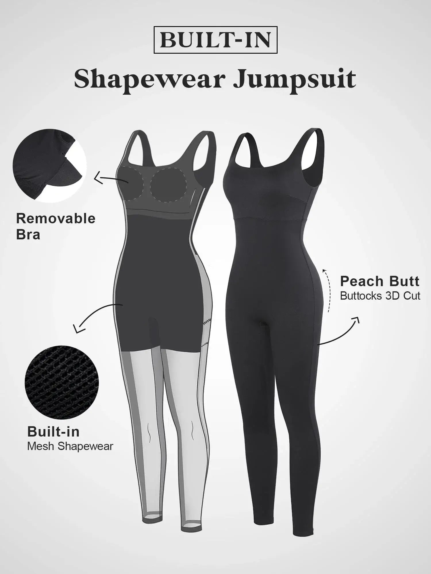 Shapewear jumpsuit with removable bra and mesh design, featuring a 3D peach butt cut for enhanced fit and silhouette.